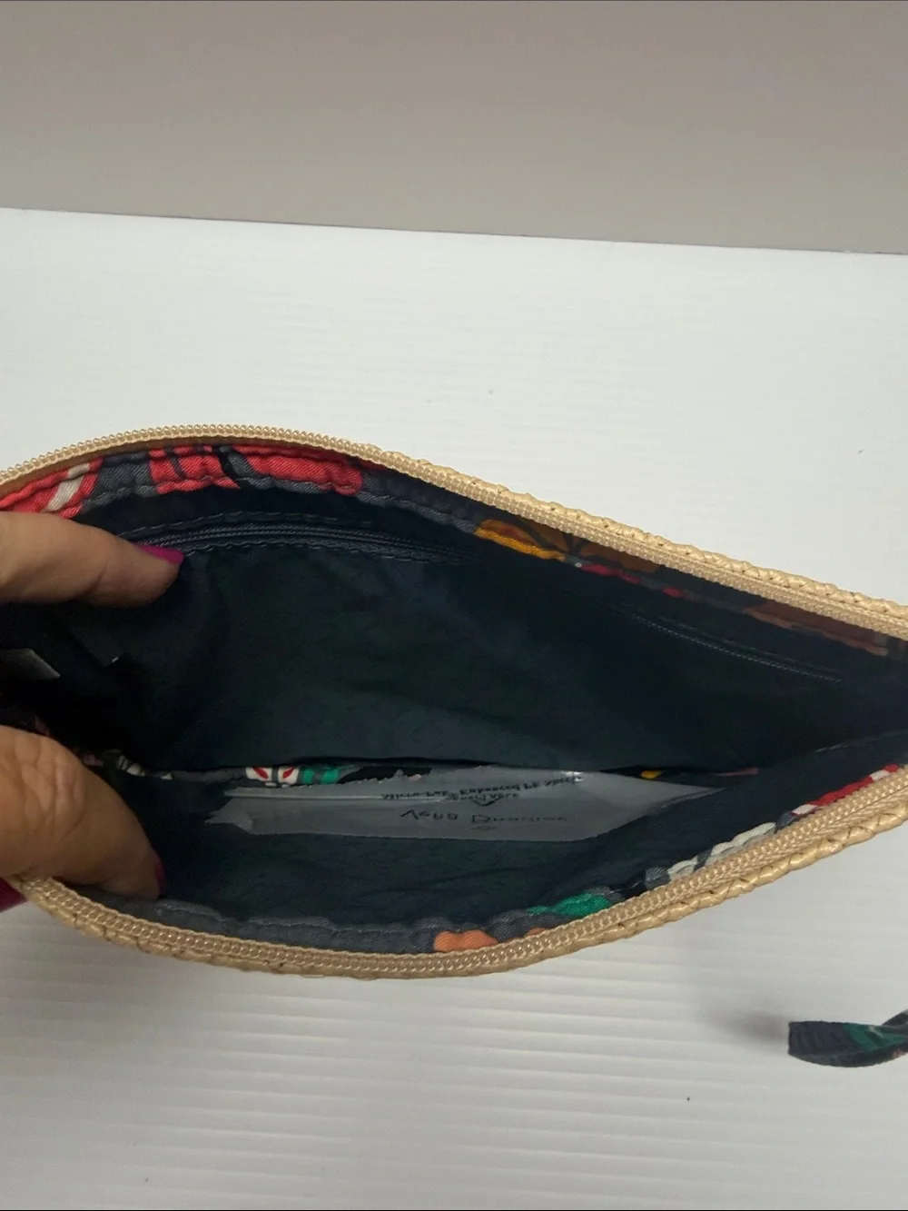 Vera Bradley Woven Straw Wristlet Pouch with Coral Stripe and Parrot Embroidery